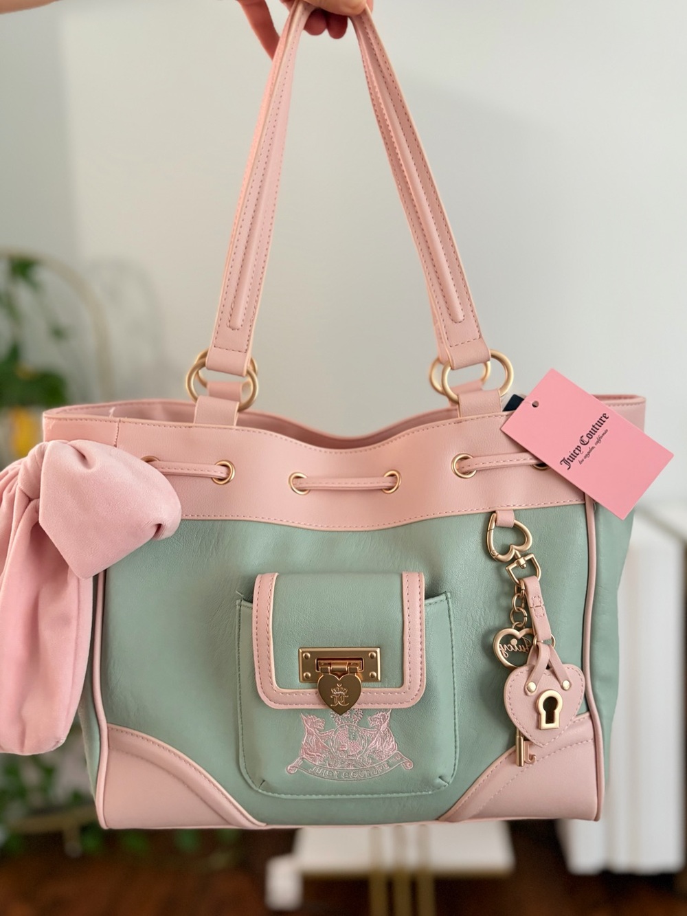 NWT: Juicy Couture Mint & Pink Daydreamer Tote Bag With Pink Bow TikTok